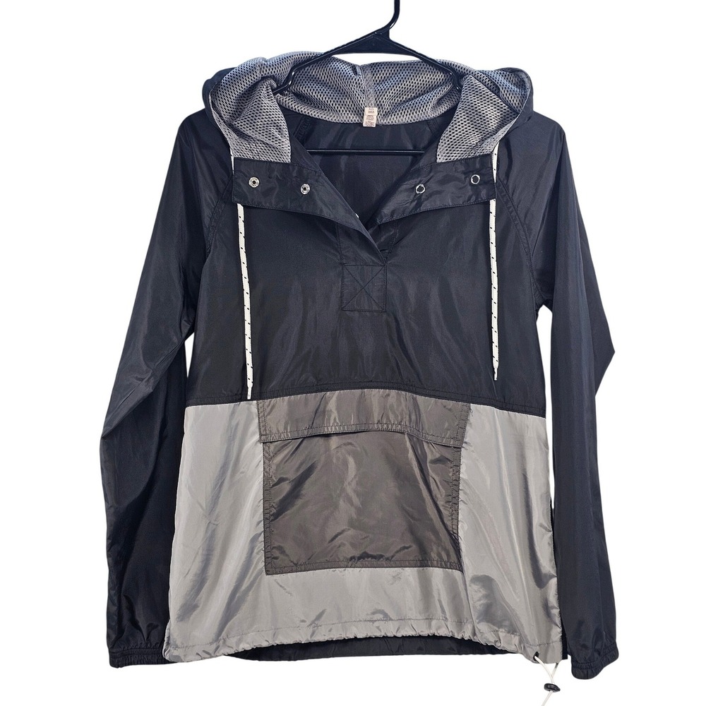 SO Womens XS Windbreaker Jacket Black Gray Colorblock Pullover Hooded Mesh Lined